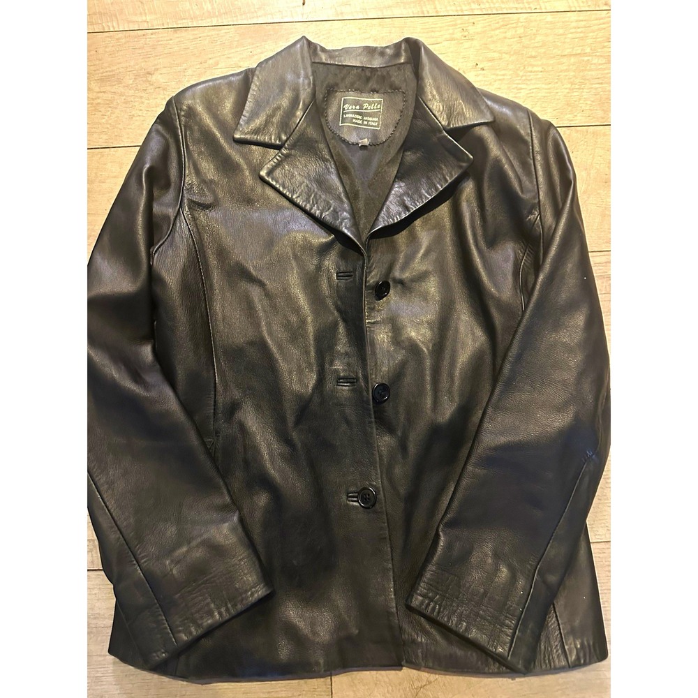 Vera Pelle women's Black Button Front Blazer Jacket Lined Size M Made in Italy